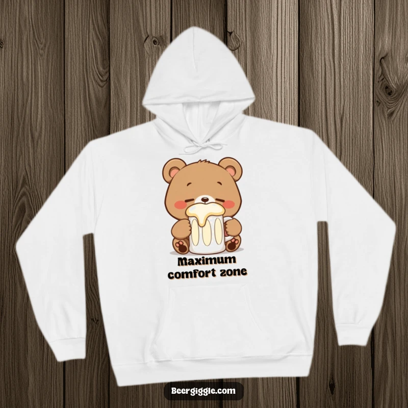 Funny kawaii bear hoodie showing a happy bear with closed eyes, peacefully sipping from a stein, offering warmth.