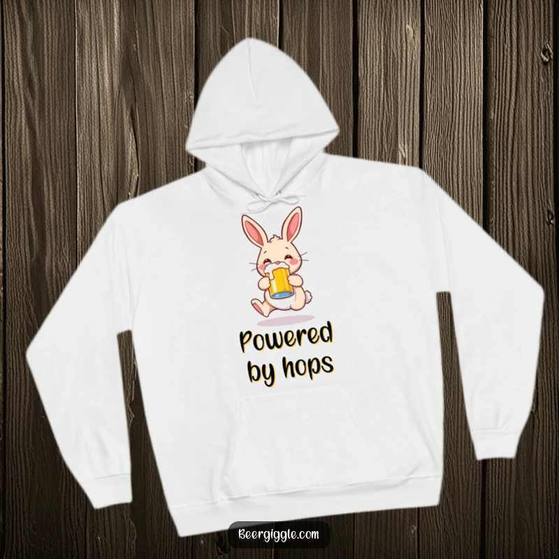 Funny rabbit character hopping with a beer mug, cozy hoodie, perfect for cold weather and fans of humorous designs.