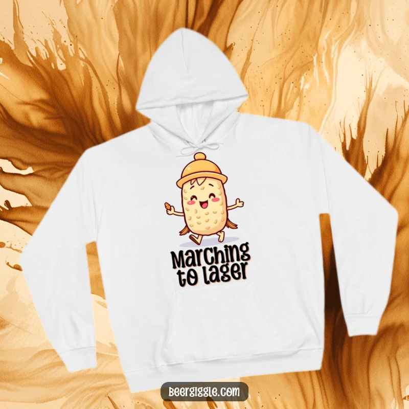 Funny kawaii barley character joyfully marching with a mini foam hat on a cozy hoodie, comfortable and fun. Hilarious gift.