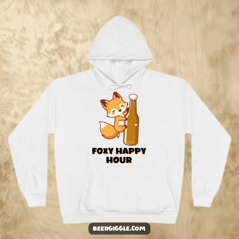 Funny Kawaii Fox Hoodie: Fluffy fox character slides down a beer bottle, offering cozy comfort and humorous fun.