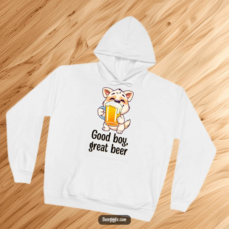 Funny dog hoodie designed with a happy character gleefully chugging from a beer mug.