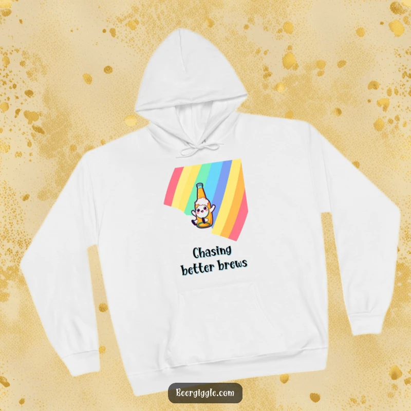 Funny kawaii beer bottle character sliding down a rainbow on a cozy hoodie, offering warmth and a whimsical, cheerful vibe.