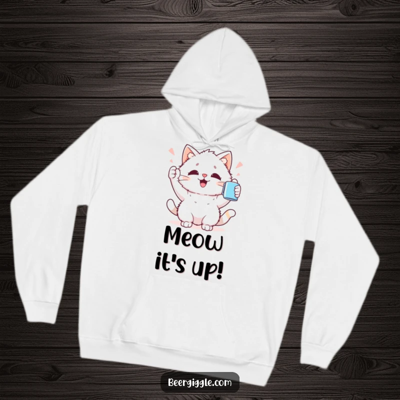 Funny Kawaii Cat Hoodie: Fluffy cat character cheers with a mug, offering cozy comfort and humorous celebration.
