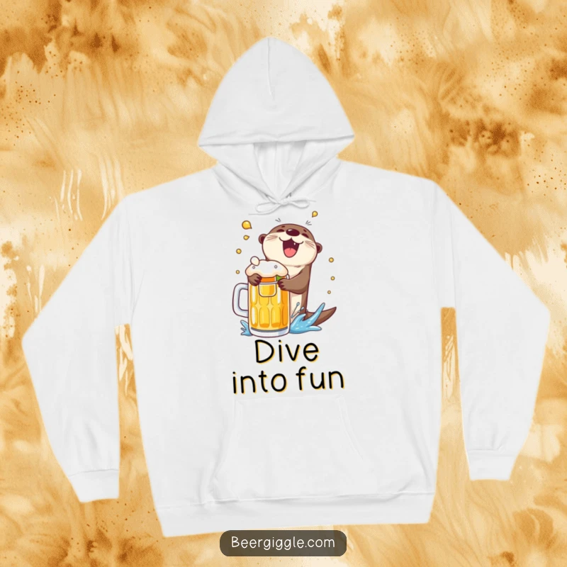 Funny delighted otter beer hoodie, cannonballing into a mug, offering warmth, humor, and a splash of aquatic fun.