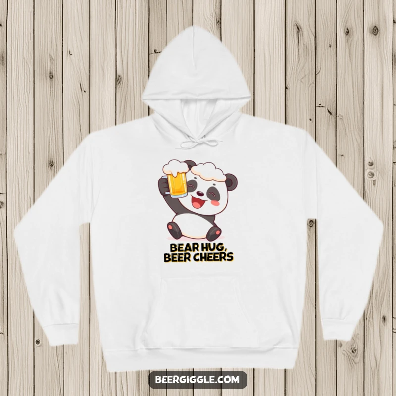 Funny panda hoodie with a cheerful character raising a frothy beer stein, designed for cozy humor.