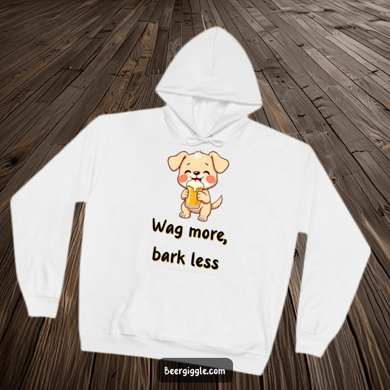 Funny puppy wagging its tail, holding a small beer, embodying cozy, hilarious joy and comfort in this hoodie.