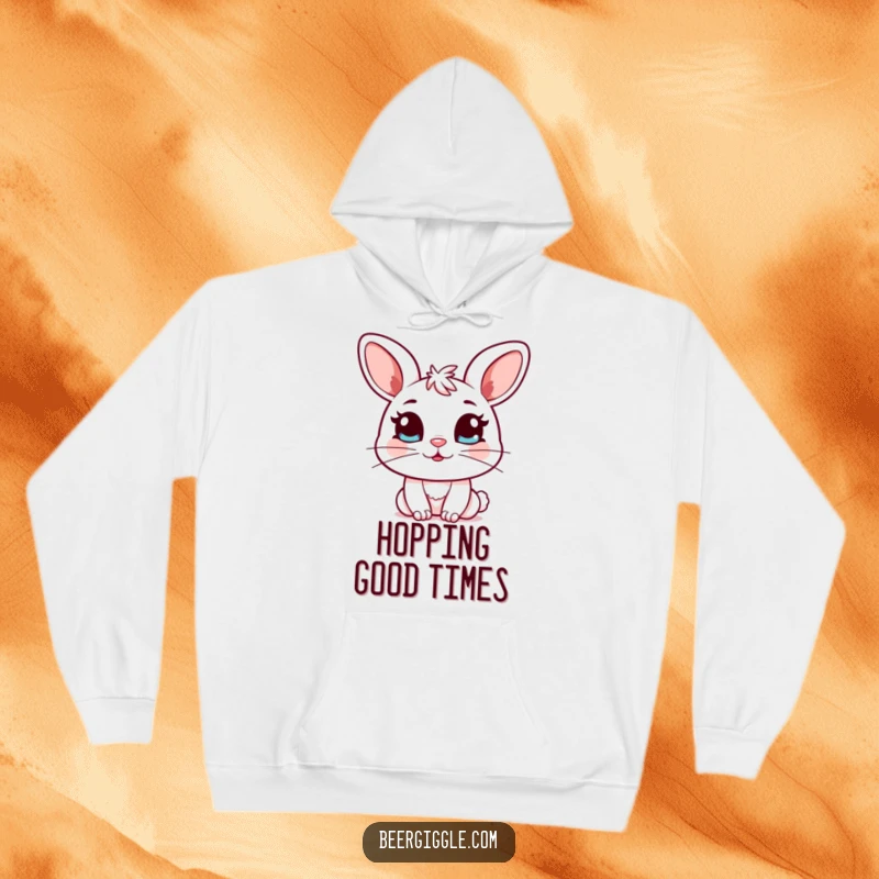 Funny Kawaii Bunny Hoodie: Cute bunny character winks with a full mug, offering cozy comfort and humorous charm.
