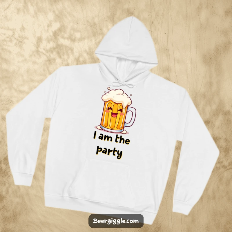 Funny kawaii beer mug character overflowing with joy on a cozy hoodie, perfect for chilly days. Great funny gift.