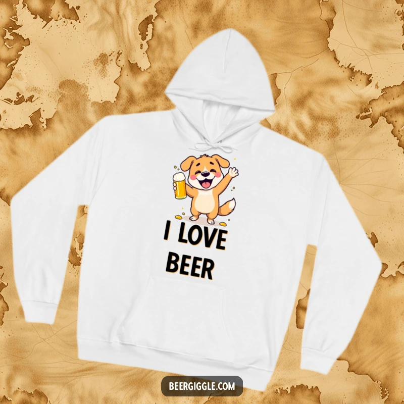 Funny dancing dog hoodie, a happy character spilling beer while celebrating, designed for ultimate comfort and humor.