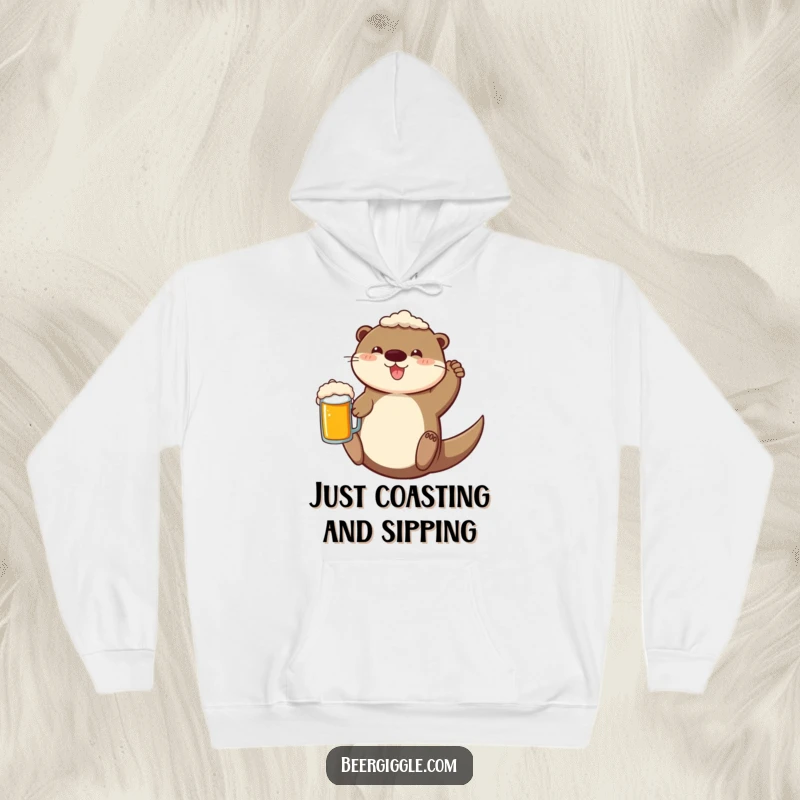 Funny Hoodie featuring a cheerful otter floating on its back while holding a frothy beer mug, radiating happiness.