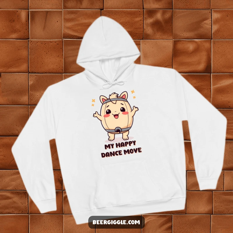 Funny hoodie depicting a dancing beer keg with a cheerful expression, perfect for casual wear and spreading laughter.