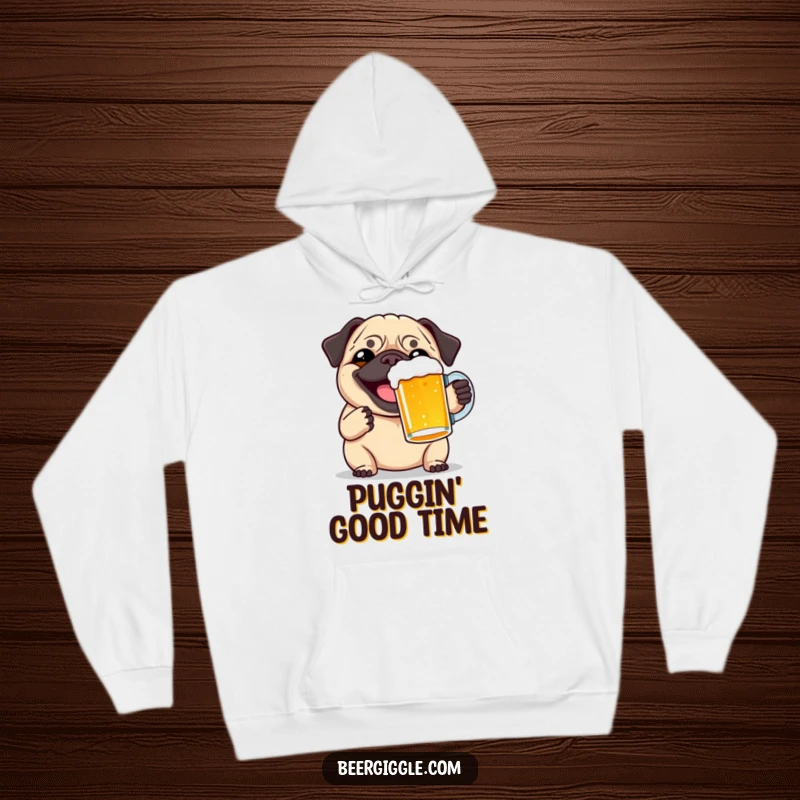 Funny smiling pug beer hoodie, toasting a pint, offering warmth, humor, and adorable doggy charm.