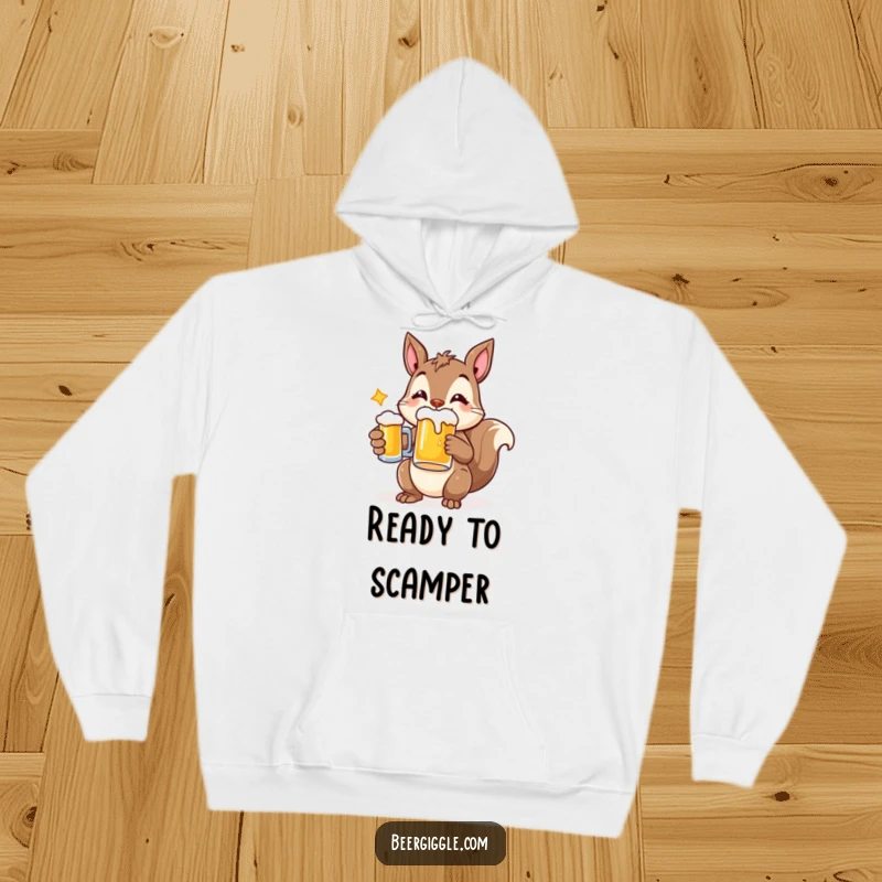 Funny hoodie showcasing a cheerful squirrel character holding a beer mug, perfect for cozy, whimsical comfort.