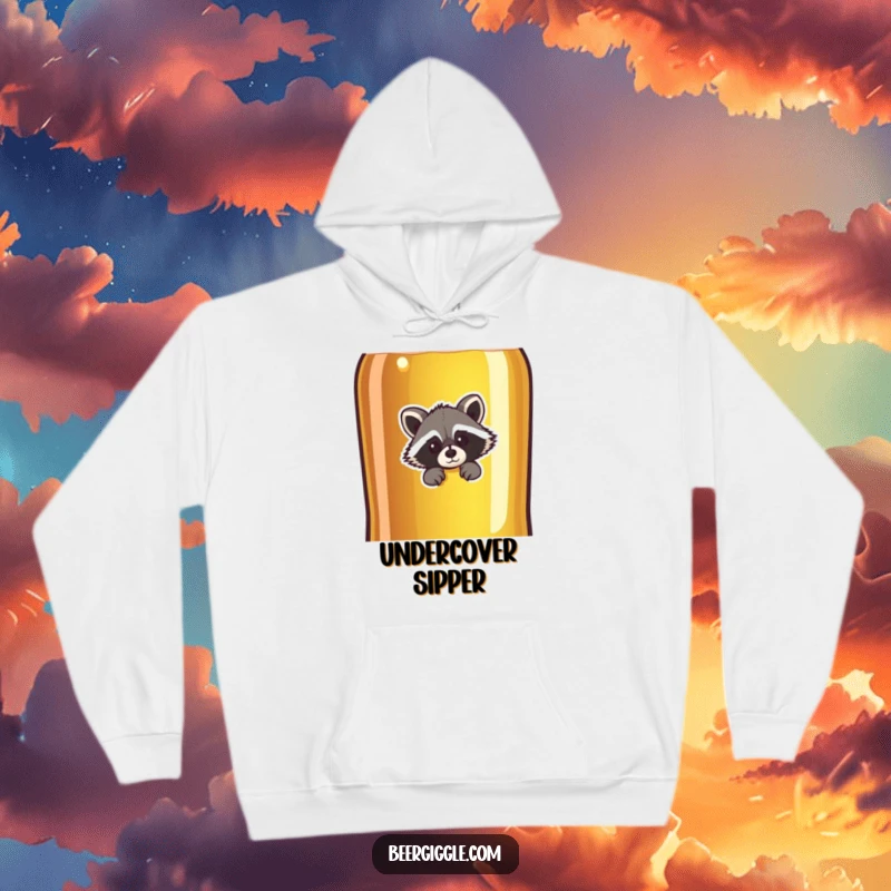 Funny raccoon character peeking from behind a giant beer bottle, cozy hoodie, perfect for chilly days and humorous moments.