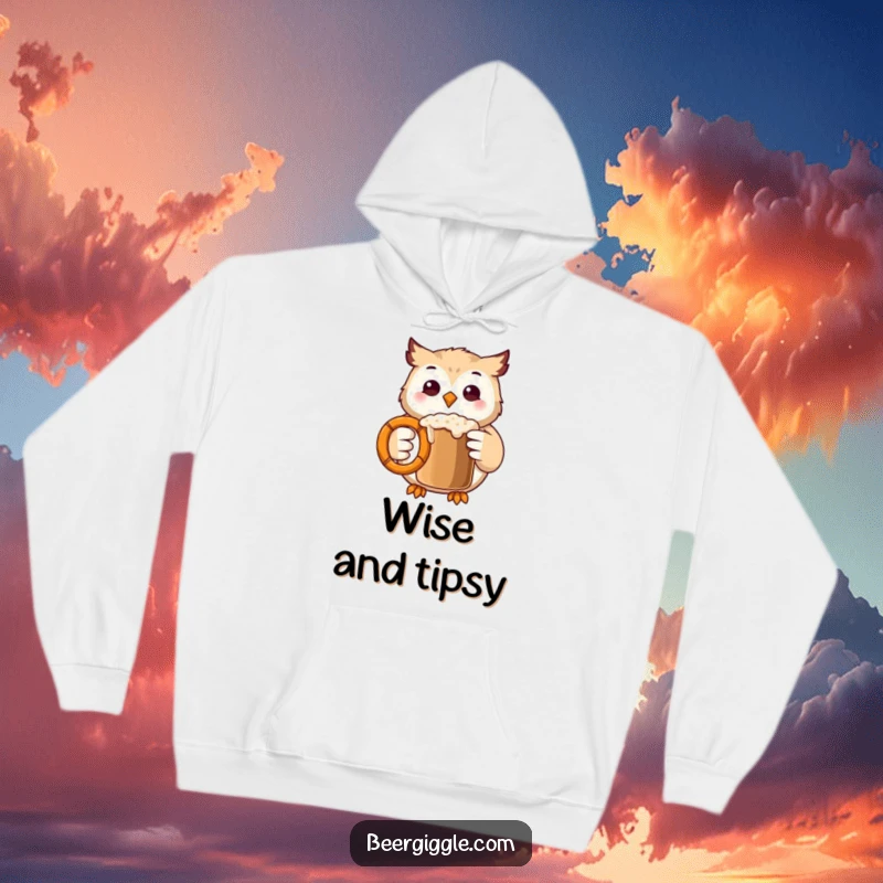 Funny Kawaii Owl Hoodie: Adorable owl character enjoys a pretzel while clinking mugs, exuding warmth and humor.
