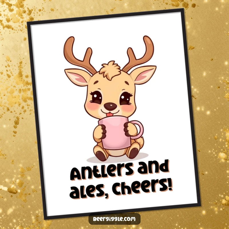 Funny Free Printable Wall Art: A happy deer beams while holding a mug cleverly designed with antlers, adding charm.