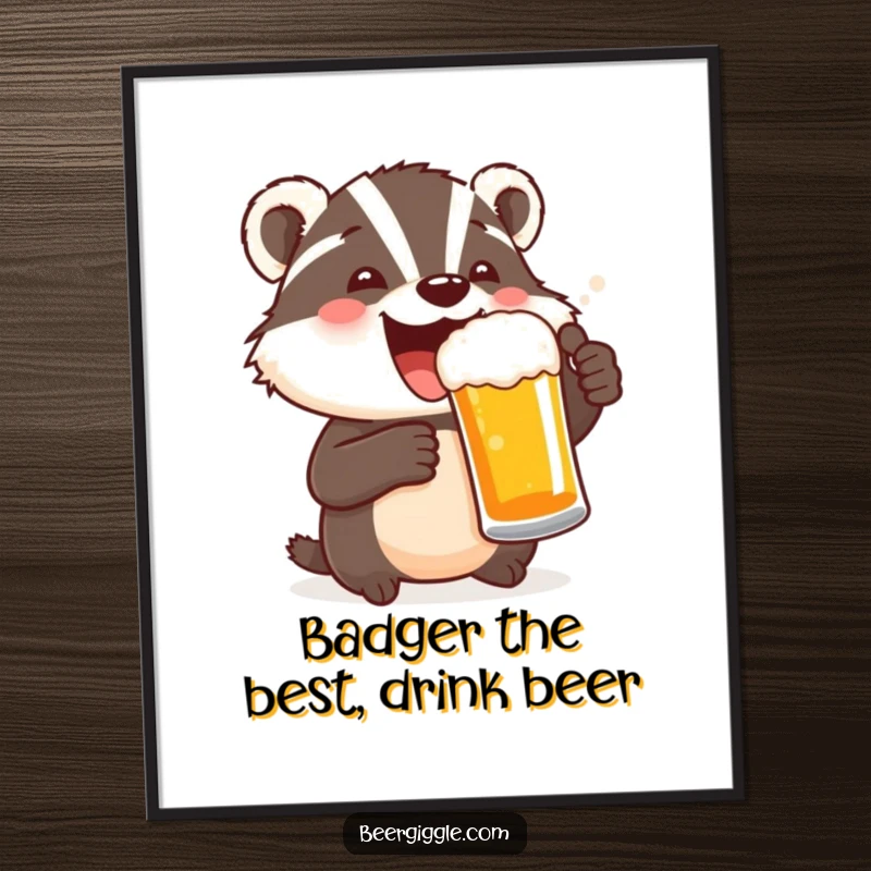 Funny Free Printable Wall Art: A delighted badger character toasts with a beer, embodying playful celebration.