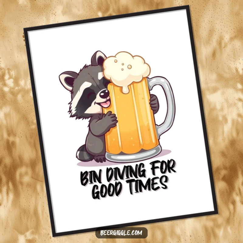 Funny Free Printable Wall Art: Grinning Raccoon Sneaking a Sip from a Giant Frothy Beer Mug