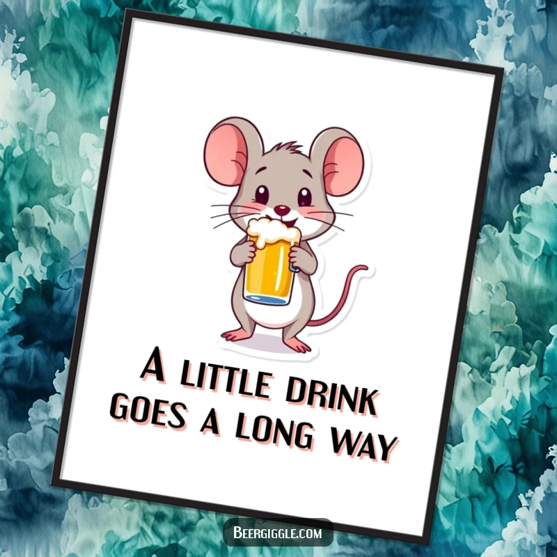 Funny Free Printable Wall Art: Happy mouse character balancing a small beer mug, perfect for a home bar.