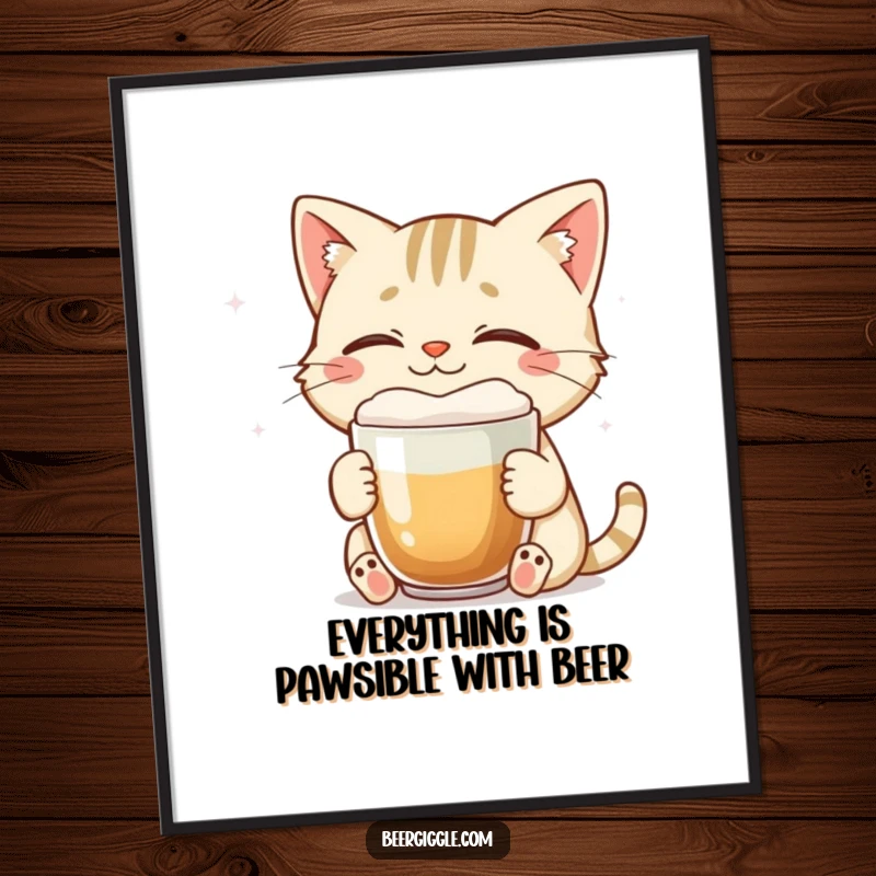 Funny Free Printable Wall Art of a smiling cat with closed eyes enjoying a large foamy beer.