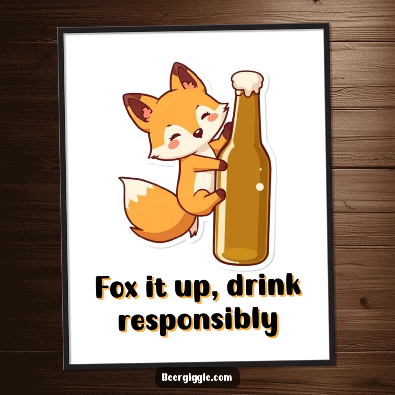 Funny Free Printable Wall Art: A charming kawaii fox slides playfully down a beer bottle, full of mischief.