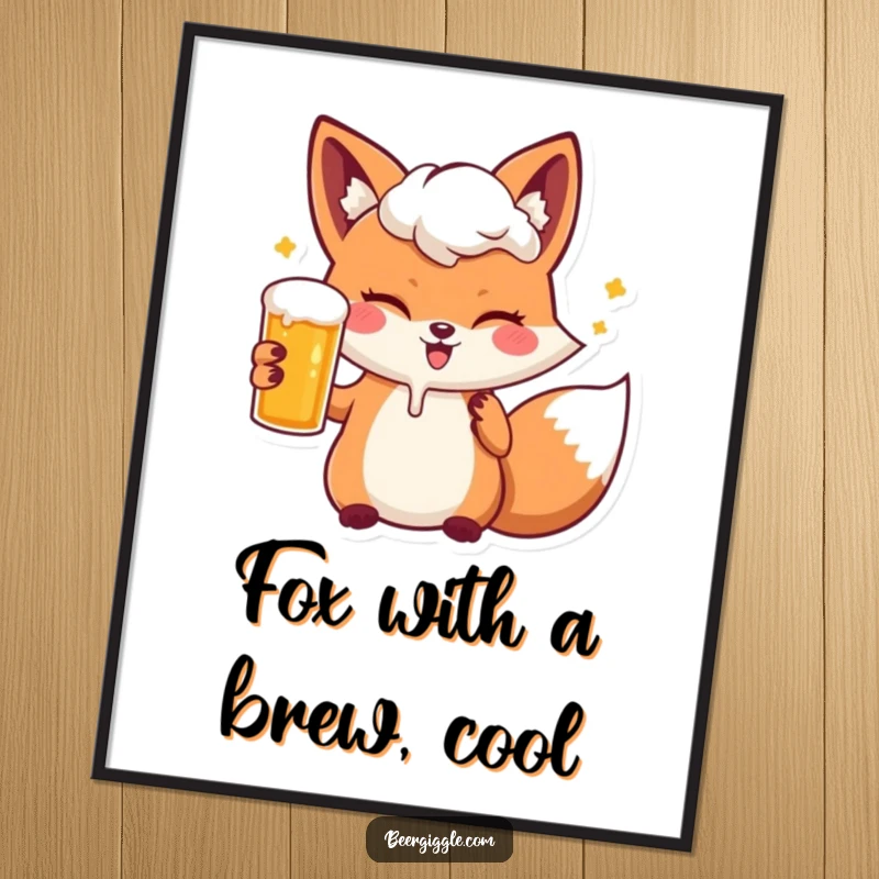 Funny free printable wall art: A kawaii fox winking mischievously while holding a big frothy beer.