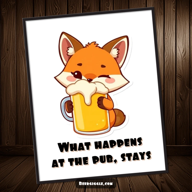 Funny Free Printable Wall Art of a playful fox character winking while toasting a beer mug.