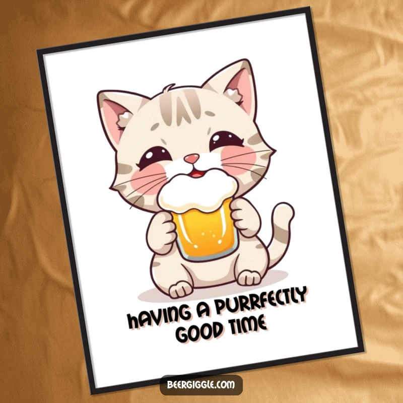 Funny free printable wall art of a playful cat character enjoying a frothy beer, adding a touch of whimsy.