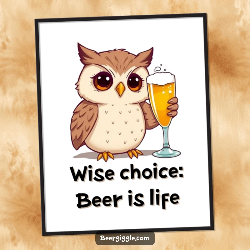 Funny Free Printable Wall Art: A curious owl character with big eyes admiring a frothy beer glass, perfect decor.