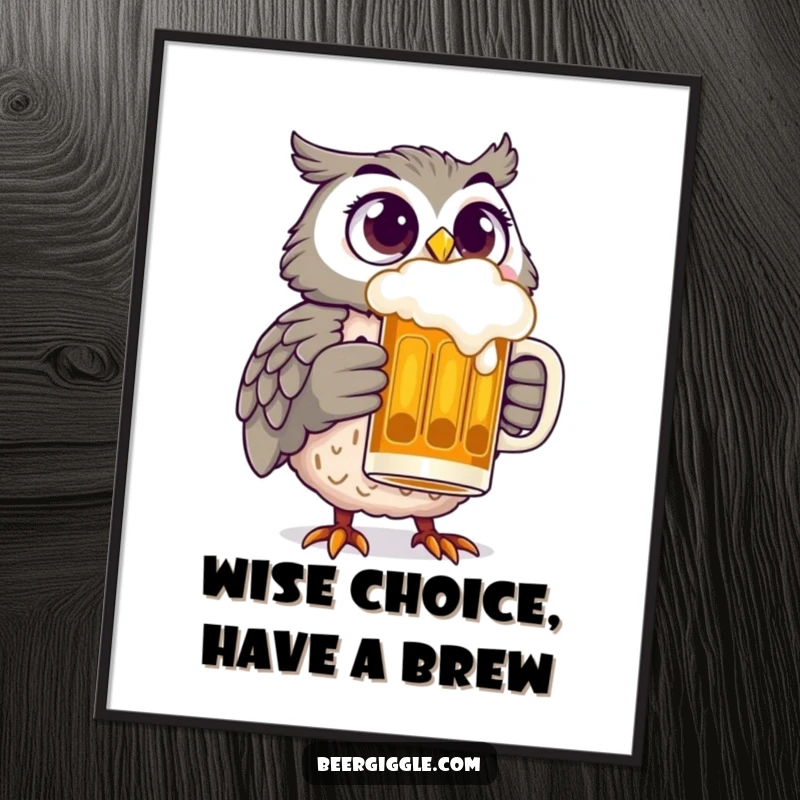 Funny Free Printable Wall Art: Cheerful Owl with Wide Eyes Holding a Frothy Beer Stein