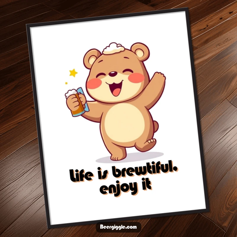 Funny Free Printable Wall Art: Cheerful bear in mid-dance with a frothy beer mug, radiating joy.
