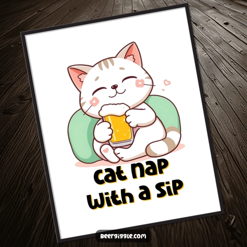 Funny free printable wall art: A kawaii relaxed cat lounging contentedly with a tiny beer and a peaceful smile.