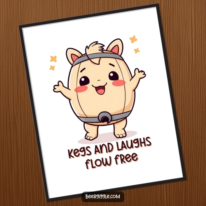 Funny free printable wall art of a jubilant keg performing a cheeky bum dance, bringing playful energy to any room.