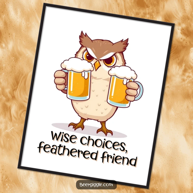 Funny Free Printable Wall Art: A serious owl comically attempts to balance two frothy beer mugs, a humorous visual statement.