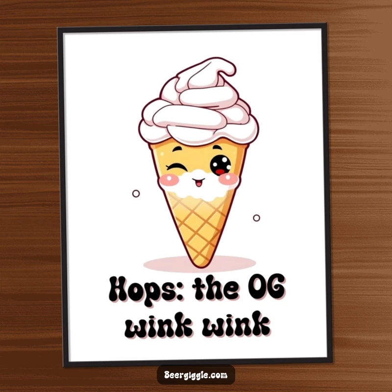 Funny free printable wall art showcasing a mischievous hop cone winking from a frothy beer, adding a playful touch to decor.