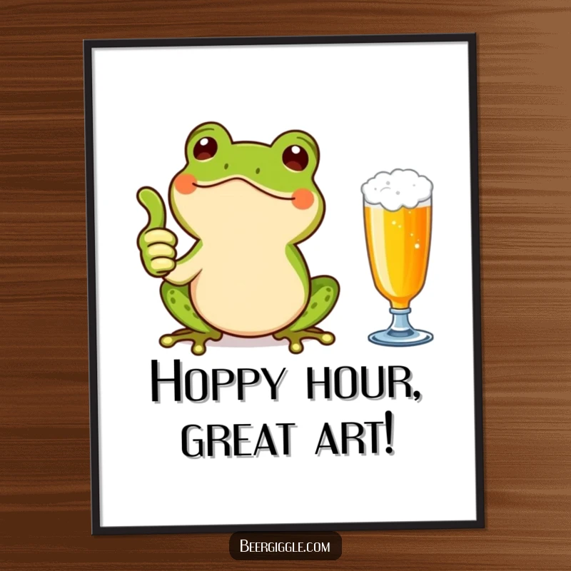 Funny Free Printable Wall Art of a beaming Kawaii frog giving a positive thumbs up next to a beer glass.