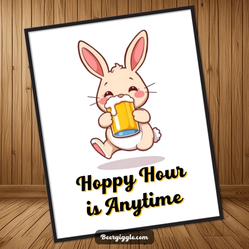 Funny Free Printable Wall Art: A whimsical rabbit gleefully hops while holding a large beer mug, perfect for a bar or den.