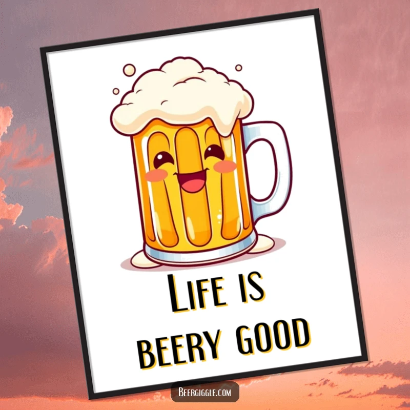 Funny Free Printable Wall Art of a kawaii beer mug character overflowing with a cheerful grin, perfect for bar or kitchen decor.
