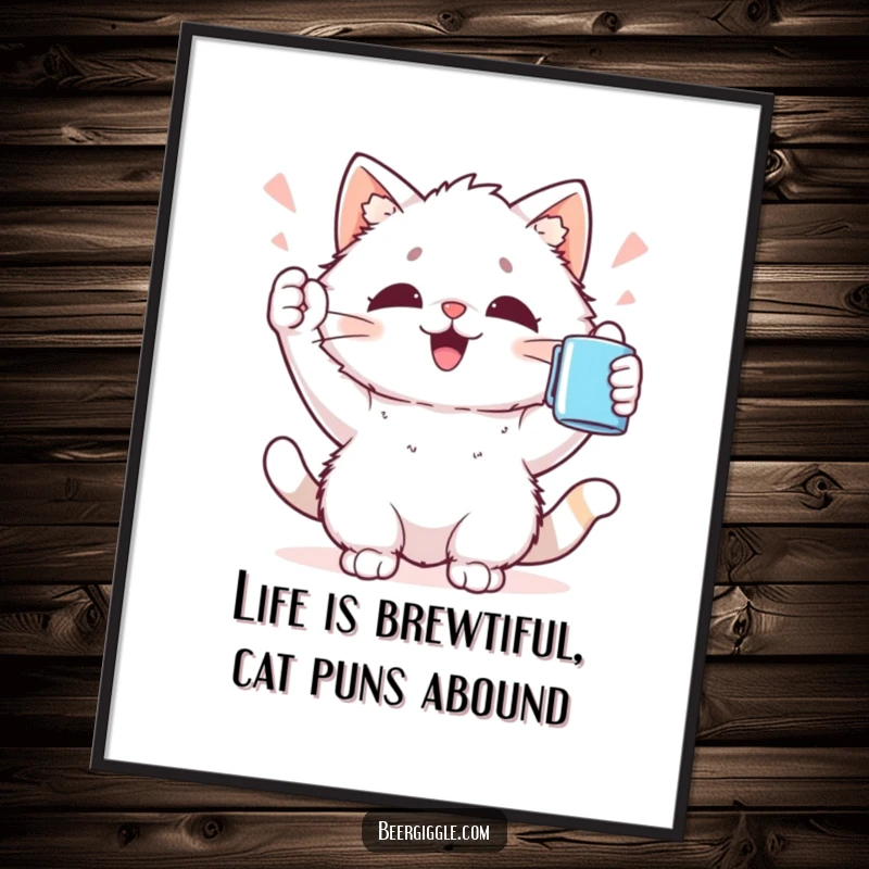 Funny Free Printable Wall Art: A fluffy kawaii cat cheers with a mug held high, full of playful energy.