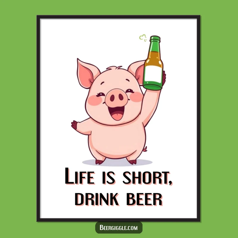 Free Printable Funny Pig Wall Art: Beer Bottle Celebration, Downloadable Decor