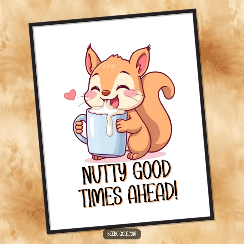 Funny Free Printable Wall Art of a mischievous Kawaii squirrel caught in the act of joyfully chugging from a tiny mug.