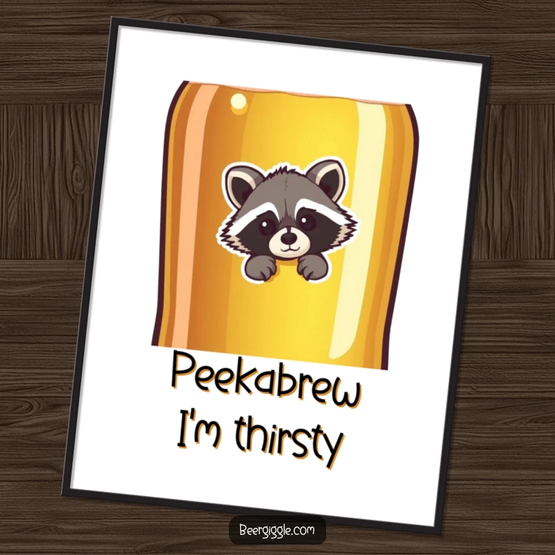 Funny Free Printable Wall Art: A curious raccoon peeks playfully from behind a giant beer bottle, adding humor.