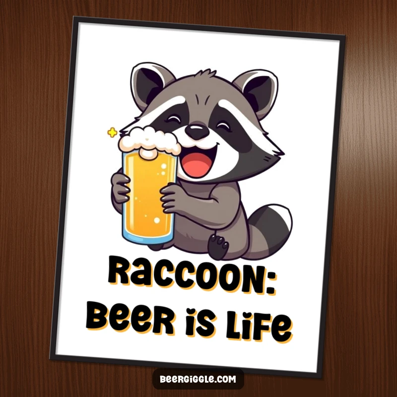 Funny free printable wall art: A kawaii raccoon with an ecstatic smile thoroughly enjoying a frothy beer.