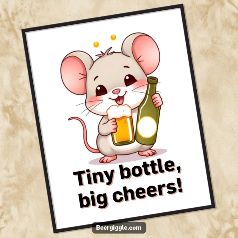 Funny Free Printable Wall Art of a happy Kawaii mouse joyfully cheering with a tiny bottle of beer.