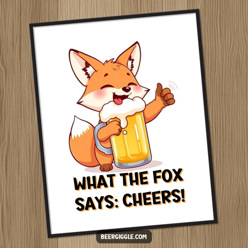 Funny Free Printable Wall Art: A giggling fox gleefully high-fiving a frothing beer mug with pure joy.