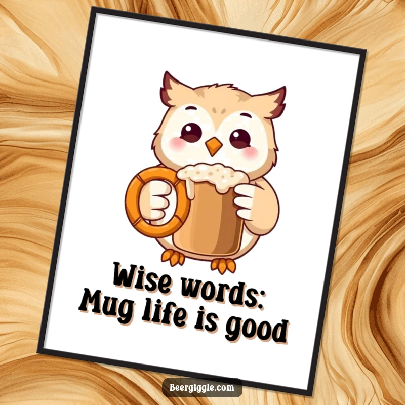 Funny Free Printable Wall Art: A cheerful kawaii owl clinks a pretzel mug, ready to party and add charm.