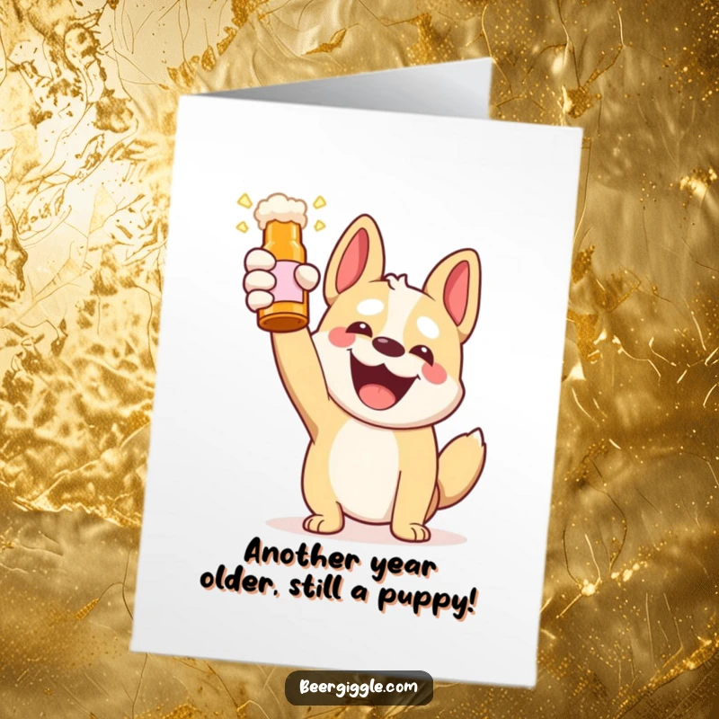 Funny Free Printable Birthday Card with a cheerful Kawaii dog raising a beer bottle in a toast, ready to party.