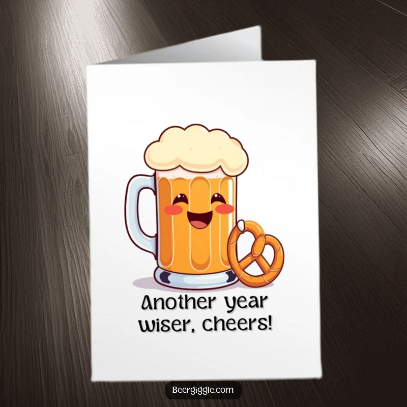 Funny Free Printable Birthday Card showing a grinning beer mug toasting with a tiny pretzel, ready for a celebration.