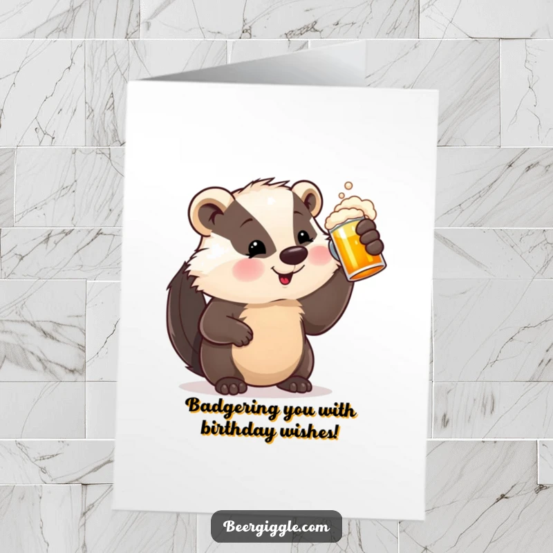 Funny Free Printable Birthday Card: Contented badger cheers with frothy beer stein, perfect for a laugh.