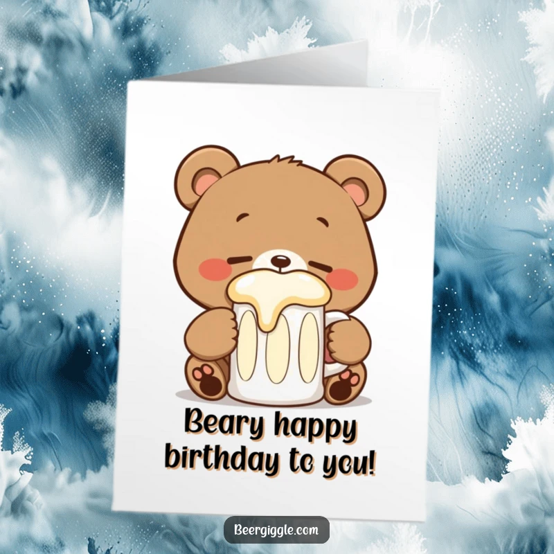 Funny Free Printable Birthday Card showing a kawaii bear with closed eyes, happily sipping from a large stein, ideal for beer lovers.